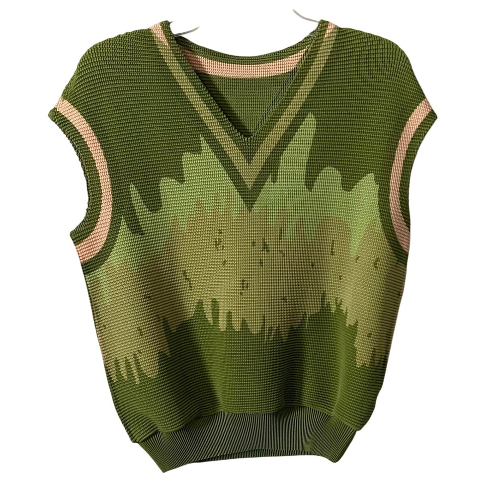 Vintage Retro Green V Neck Sleeveless Vest Pink Trim Casual Size Med